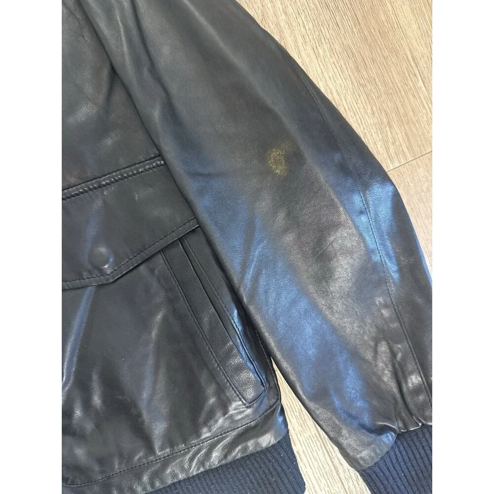 BLK DNM x GAP Mens Medium Black Leather Jacket Detachable Hood Rare (damage)